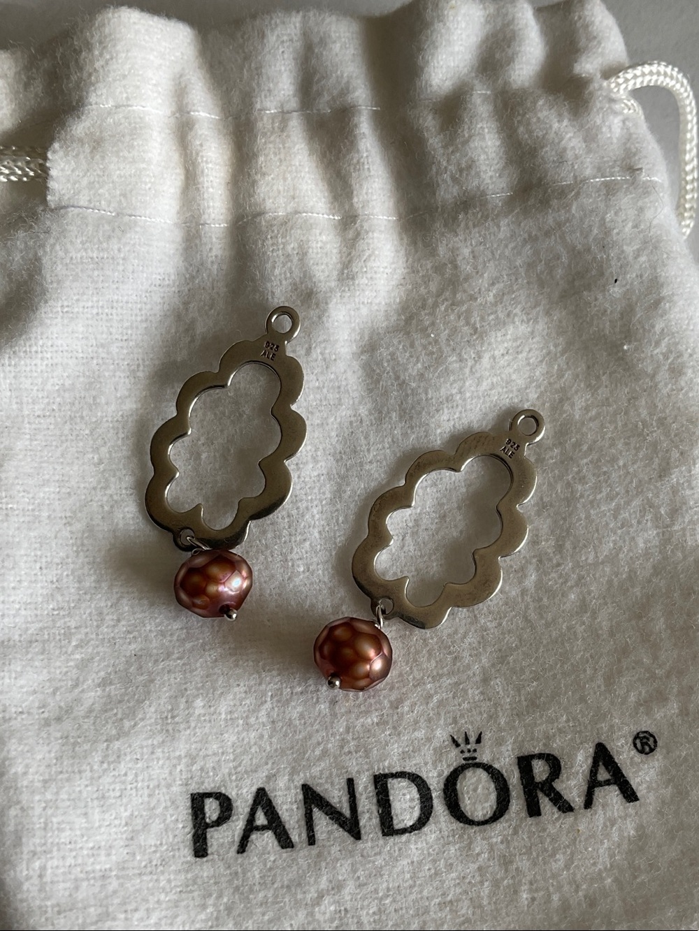 Pandora Silver Floral Frame Earrings with Rose Gold Bead Drops